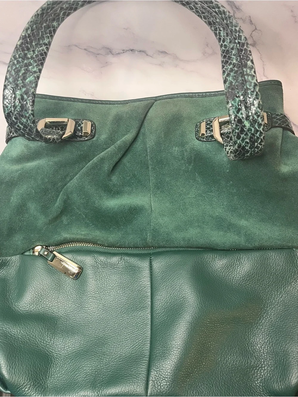B Makowsky, Snakeskin Green Suede & Leather Shoulder Purse/Handbag Hobo